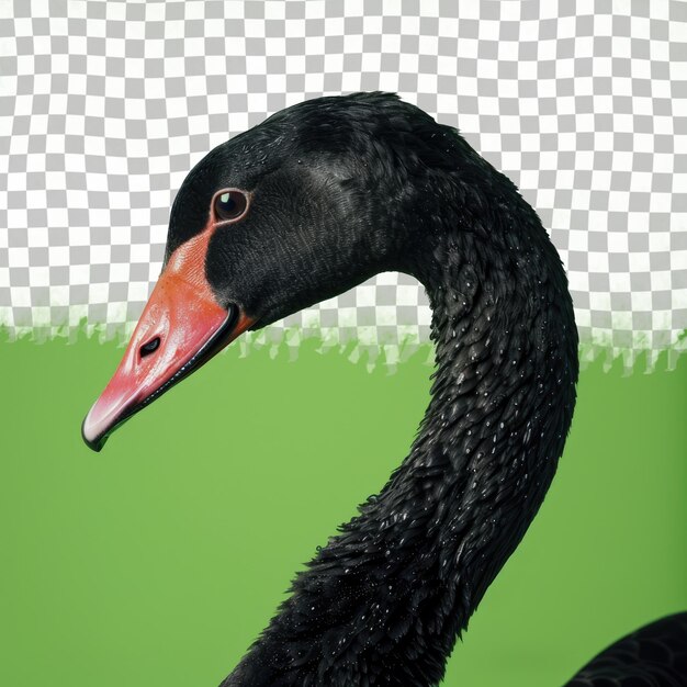 a black swan with a red beak is looking at the camera