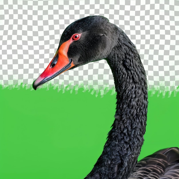 a black swan with a red beak is standing in front of a green background