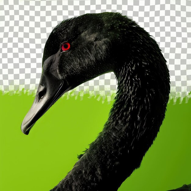 PSD a black swan with red eyes is on a green background