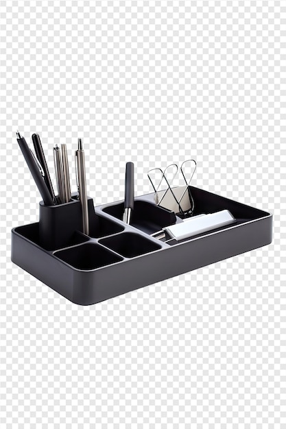 PSD a black tray with utensils in it and a pair of tongs in it