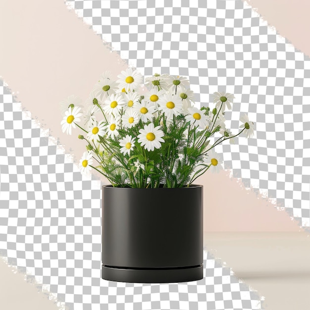 a black vase with daisies on it and a white background