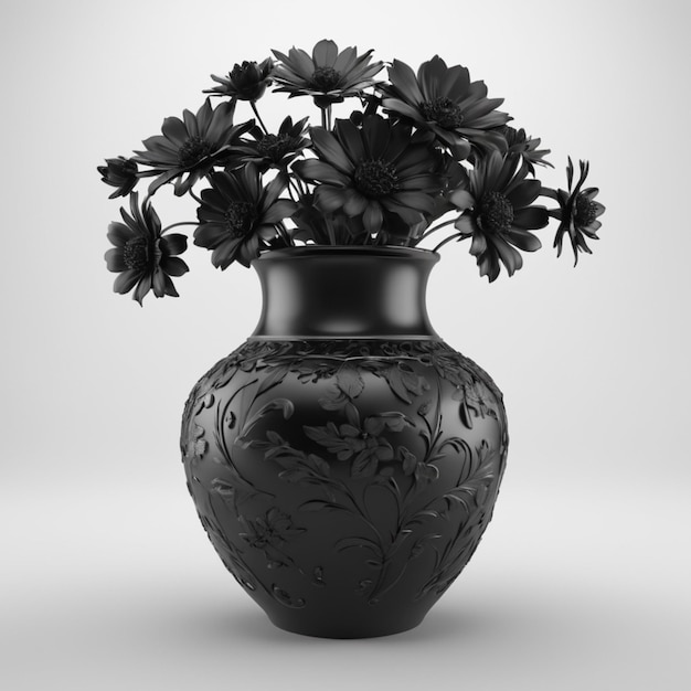 PSD a black vase with flowers in the middle and a black background with a white background