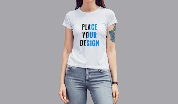 PSD black view female t shirt mockup