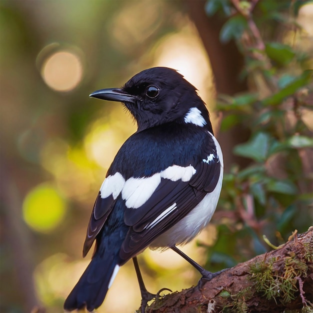 PSD a black and white bird is sitting on a branch