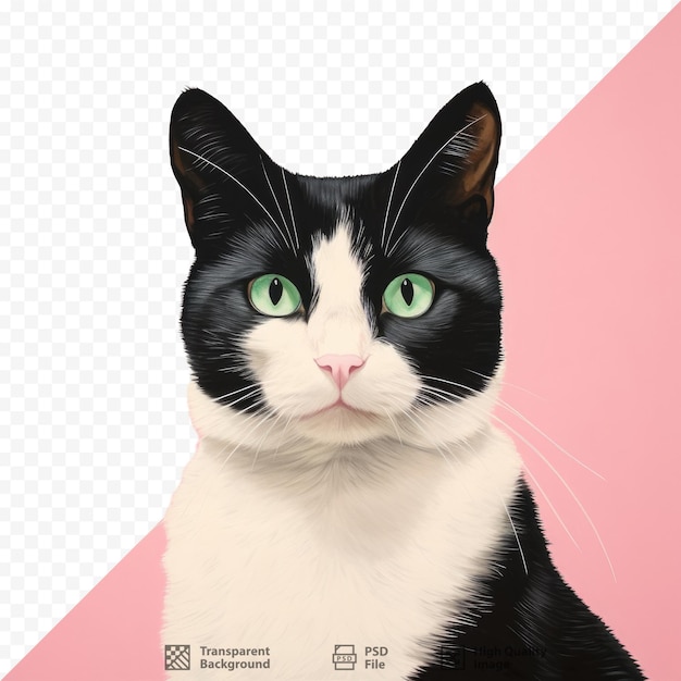 a black and white cat with green eyes and a pink background.