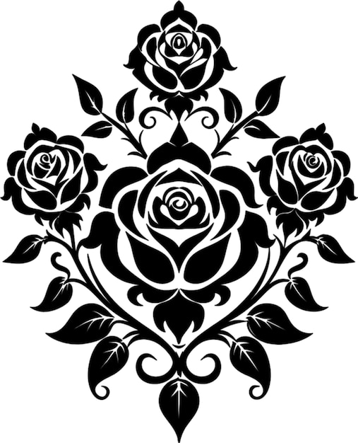 a black and white design with roses and leaves