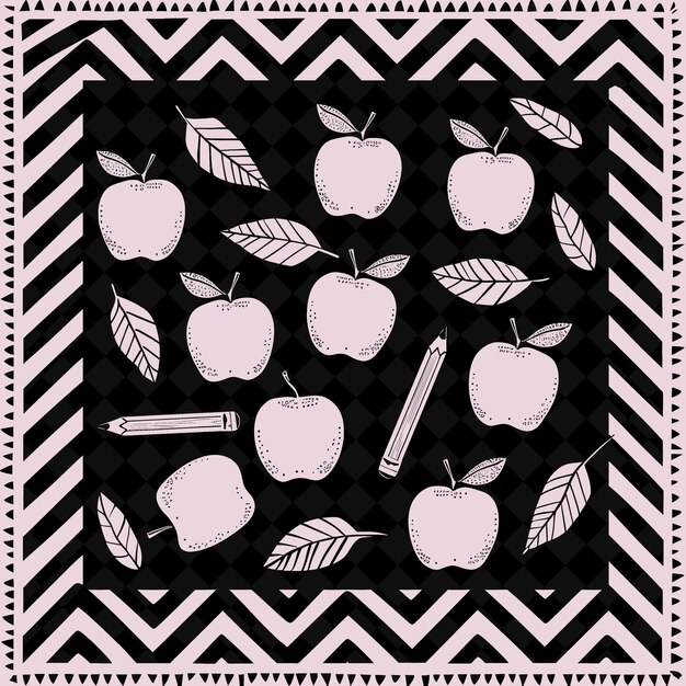 a black and white drawing of apples and a pencil