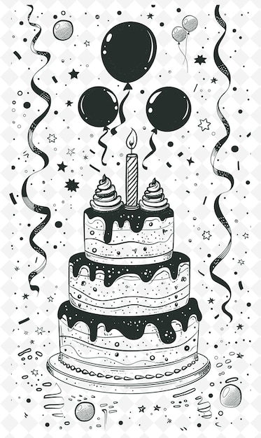 a black and white drawing of a birthday cake with a candle on it