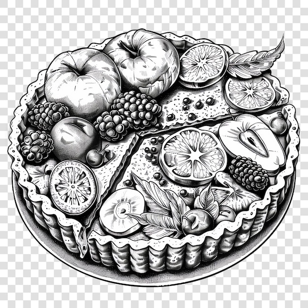 PSD a black and white drawing of a bowl of fruit with a picture of a fruit on it