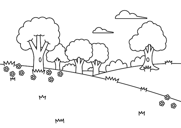 PSD a black and white drawing of a building with a line of trees and a building with a number 3 on it