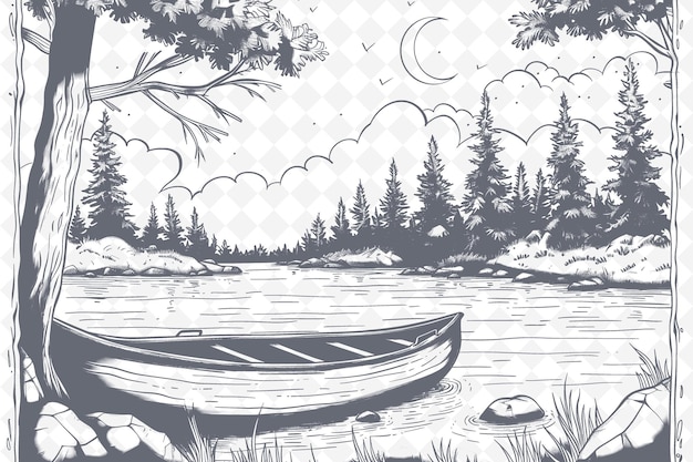 PSD a black and white drawing of a canoe in a lake with trees and a moon in the background