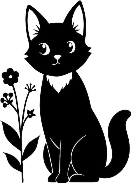 a black and white drawing of a cat with flowers in the background