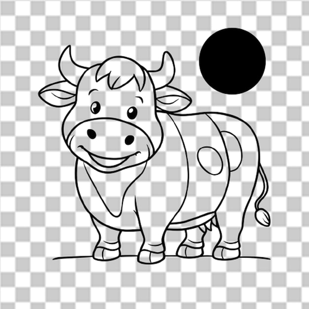 a black and white drawing of a cow with a round dot on it