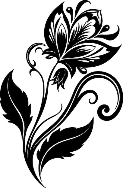 PSD a black and white drawing of a flower with a black feather on it