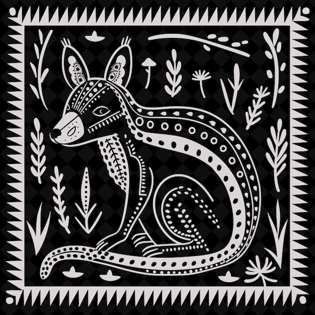 a black and white drawing of a fox with a pattern in the middle