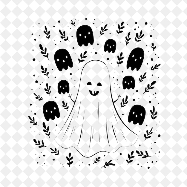 PSD a black and white drawing of a ghost with a black background with a pattern of black and white objec