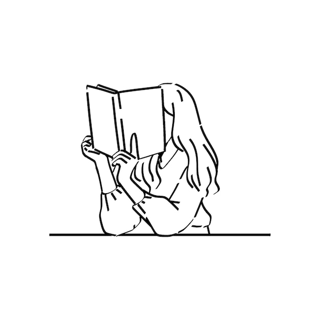 A black and white drawing of a girl reading a book.