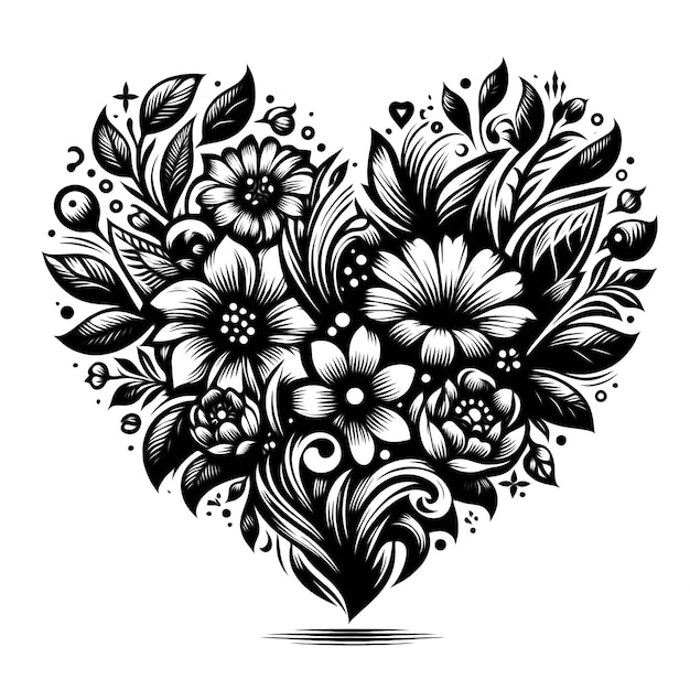 a black and white drawing of a heart with flowers and the words love on it