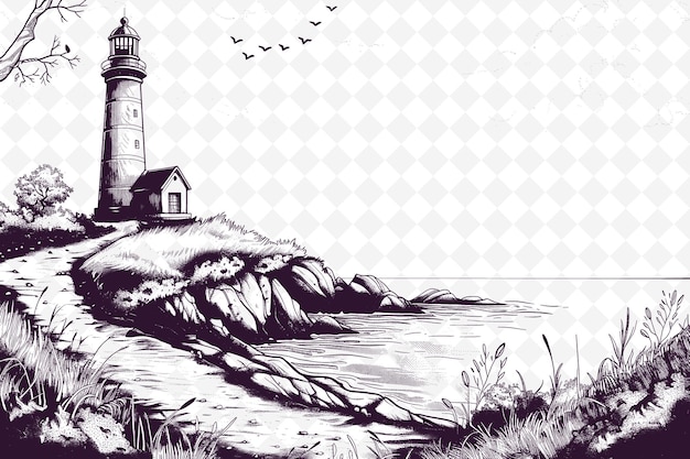 a black and white drawing of a lighthouse with birds flying above it