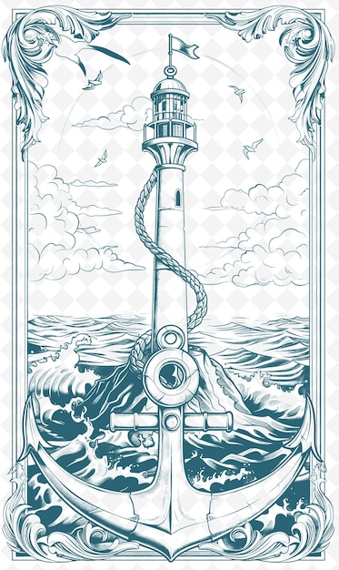 a black and white drawing of a lighthouse with a boat in the background