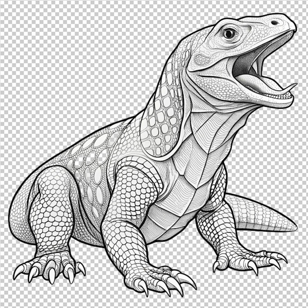 A black and white drawing of a lizard on transperent background