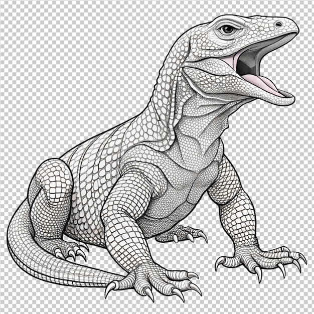 A black and white drawing of a lizard on transperent background