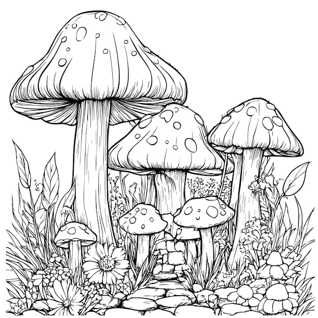 a black and white drawing of mushrooms in a swamp