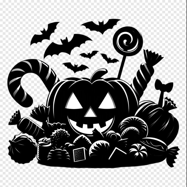 PSD a black and white drawing of a pumpkin with bats and a sign that says halloween