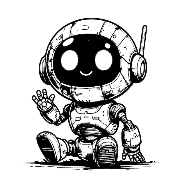 a black and white drawing of a robot with a smile on his face