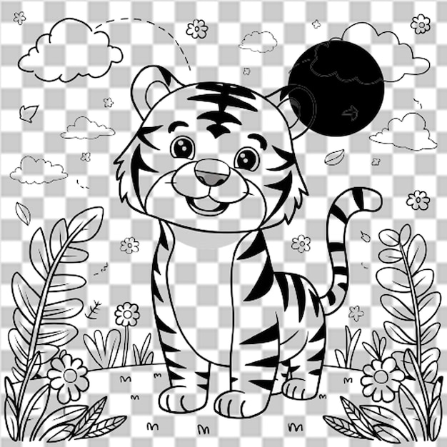 a black and white drawing of a tiger with the word tiger on it