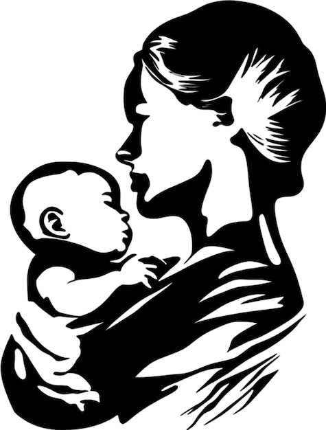 a black and white drawing of a woman holding a baby