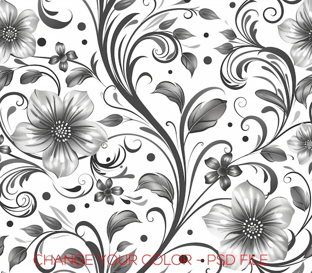 Black and white floral damask pattern background vector with long shadow seamless pattern design