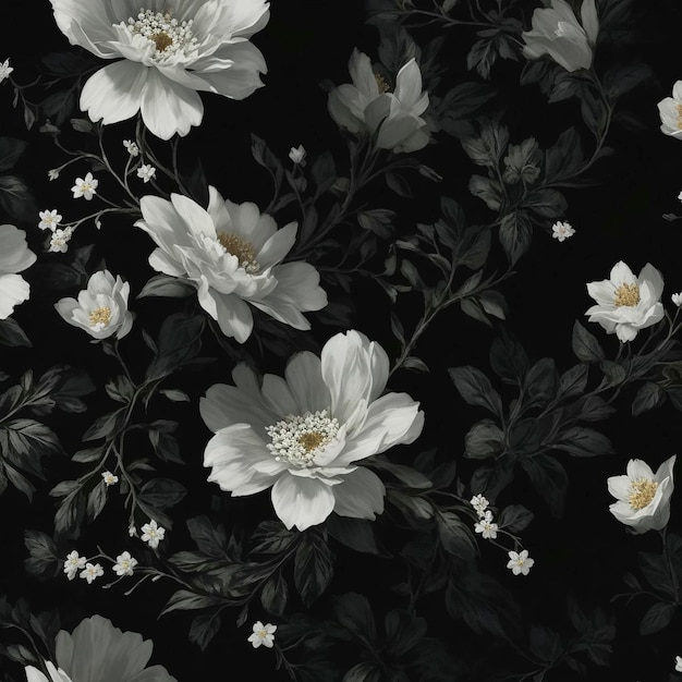 a black and white flower pattern background with white flowers