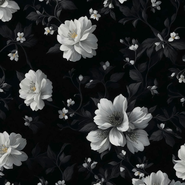 a black and white flower pattern background with white flowers