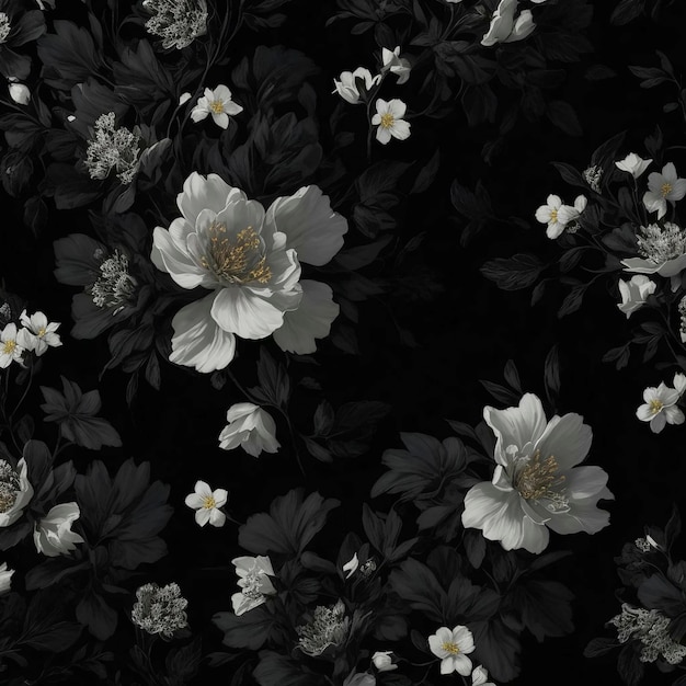 a black and white flower pattern background with white flowers