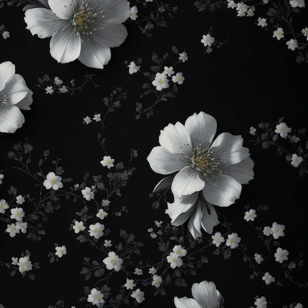 a black and white flower pattern background with white flowers