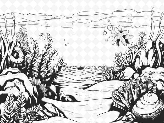 a black and white illustration of a beach scene with the sun and seaweed