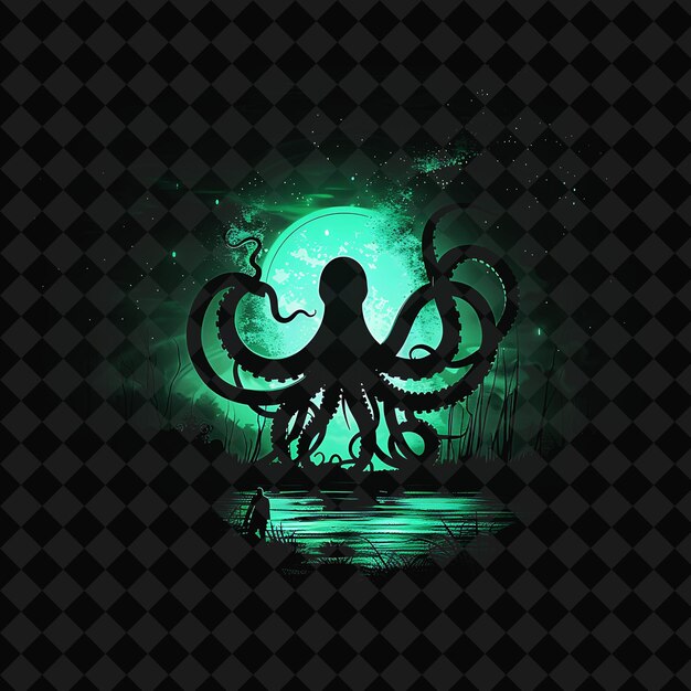 PSD a black and white image of an octopus with a green background