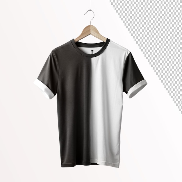 black and white male t shirt with short sleeves on transparent background