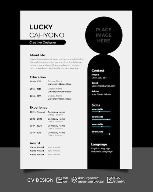 black and white modern cv template design editable text