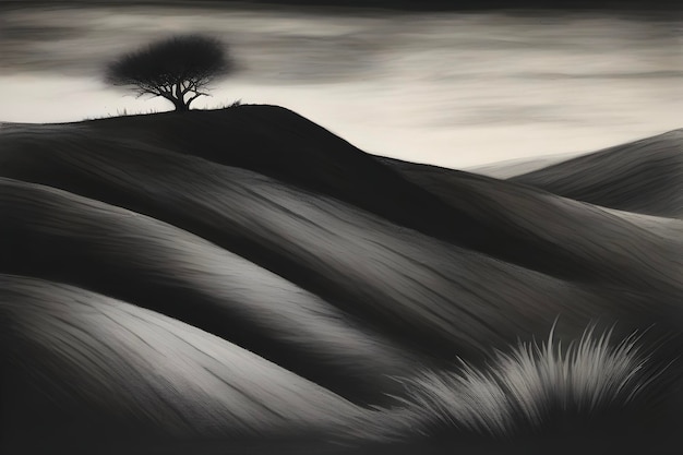 PSD a black and white painting of a landscape with a tree and a hill with a foggy background