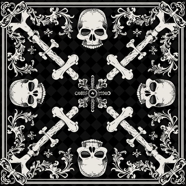 a black and white photo of a design with skulls and bones