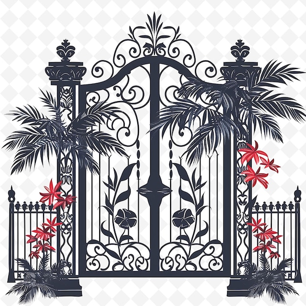 PSD a black and white photo of a gate with palm trees and a cross