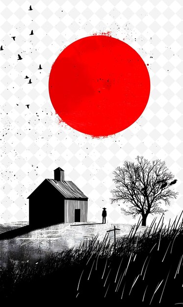 PSD a black and white picture of a red sun with a building in the background