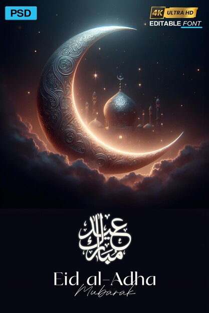 PSD a black and white poster for a mosque with a crescent moon and a mosque on the top