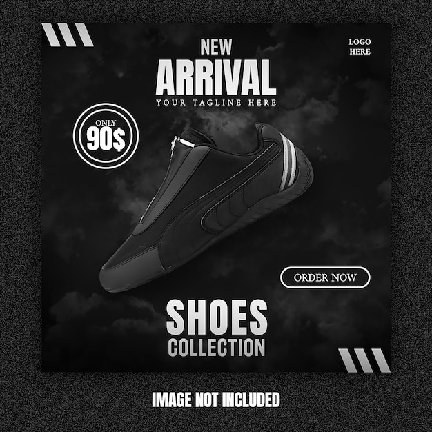 A black and white poster for the new arrival shoes collection