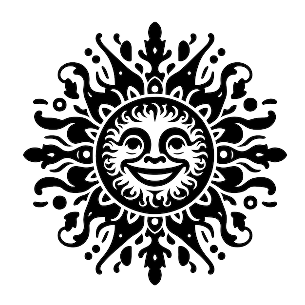 PSD black and white silhouette of a sun symbol with a smiling happy face