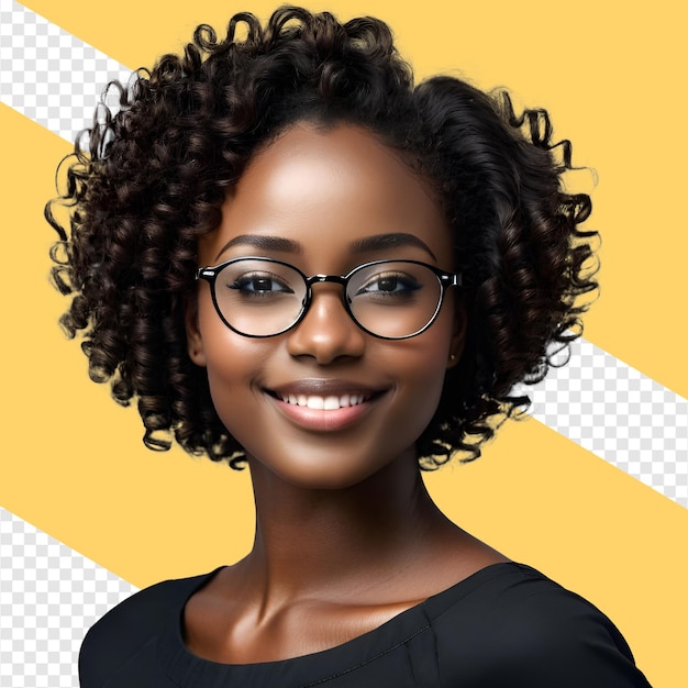 PSD black woman wearing glasses with a smile on her face