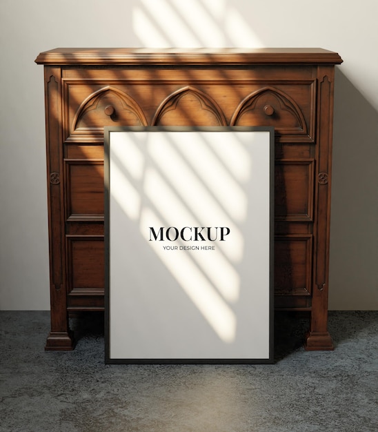 Black wooden frame mockup in front of the drawer