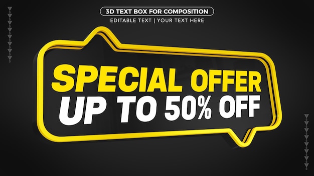 Black and Yellow D Special Offer text box with discount in 3d rendering